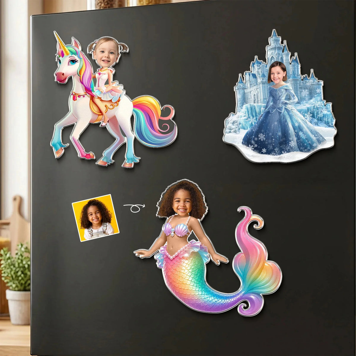 Personalized Kids Photo Fridge Magnet Custom Unicorn Mermaid Princess Character Gift