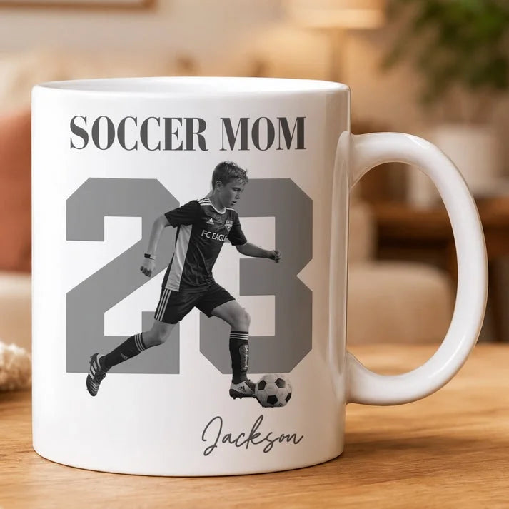 Personalized Soccer Mom Mug Custom Player Photo and Jersey Number Coffee Cup