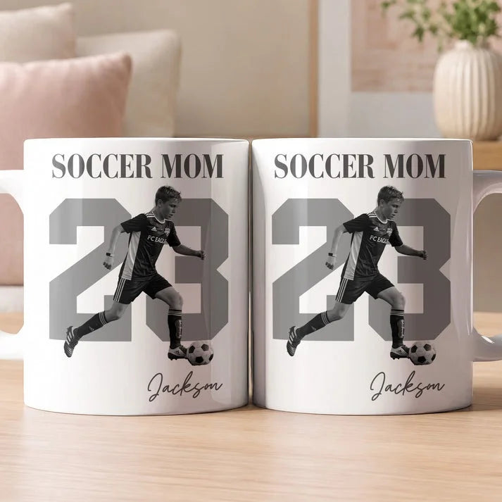 Personalized Soccer Mom Mug Custom Player Photo and Jersey Number Coffee Cup