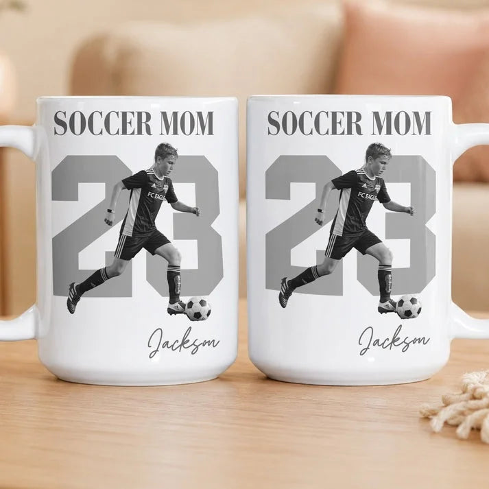 Personalized Soccer Mom Mug Custom Player Photo and Jersey Number Coffee Cup