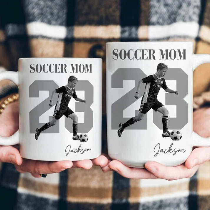 Personalized Soccer Mom Mug Custom Player Photo and Jersey Number Coffee Cup