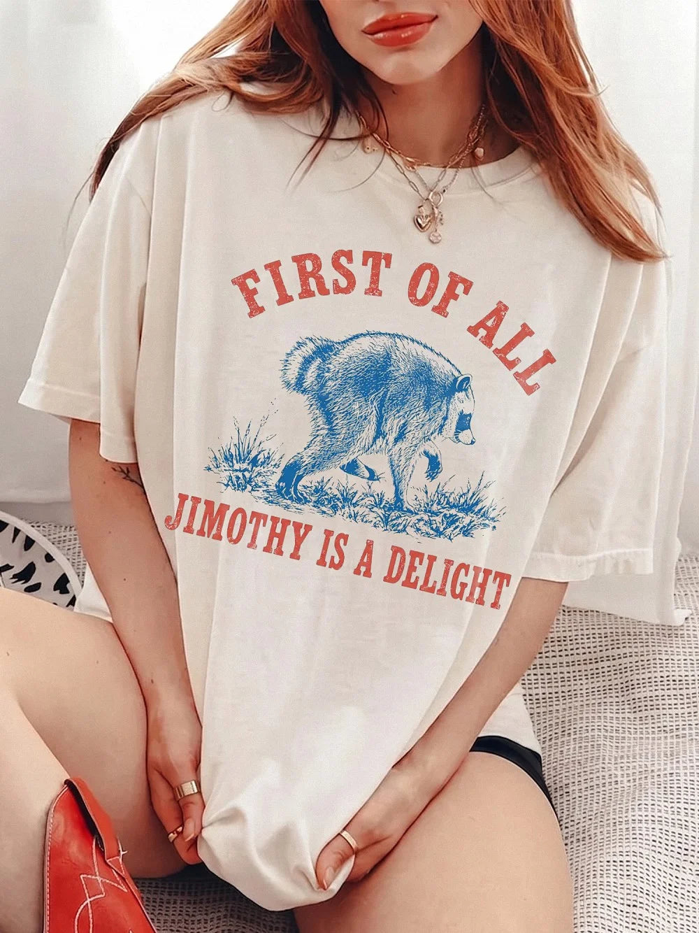 First Of All Jimothy Is A Delight Raccoon T-Shirt Vintage Animal Meme Graphic Tee