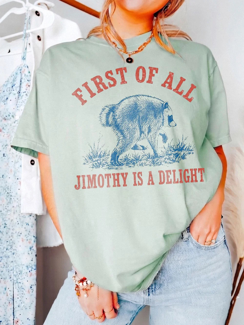 First Of All Jimothy Is A Delight Raccoon T-Shirt Vintage Animal Meme Graphic Tee