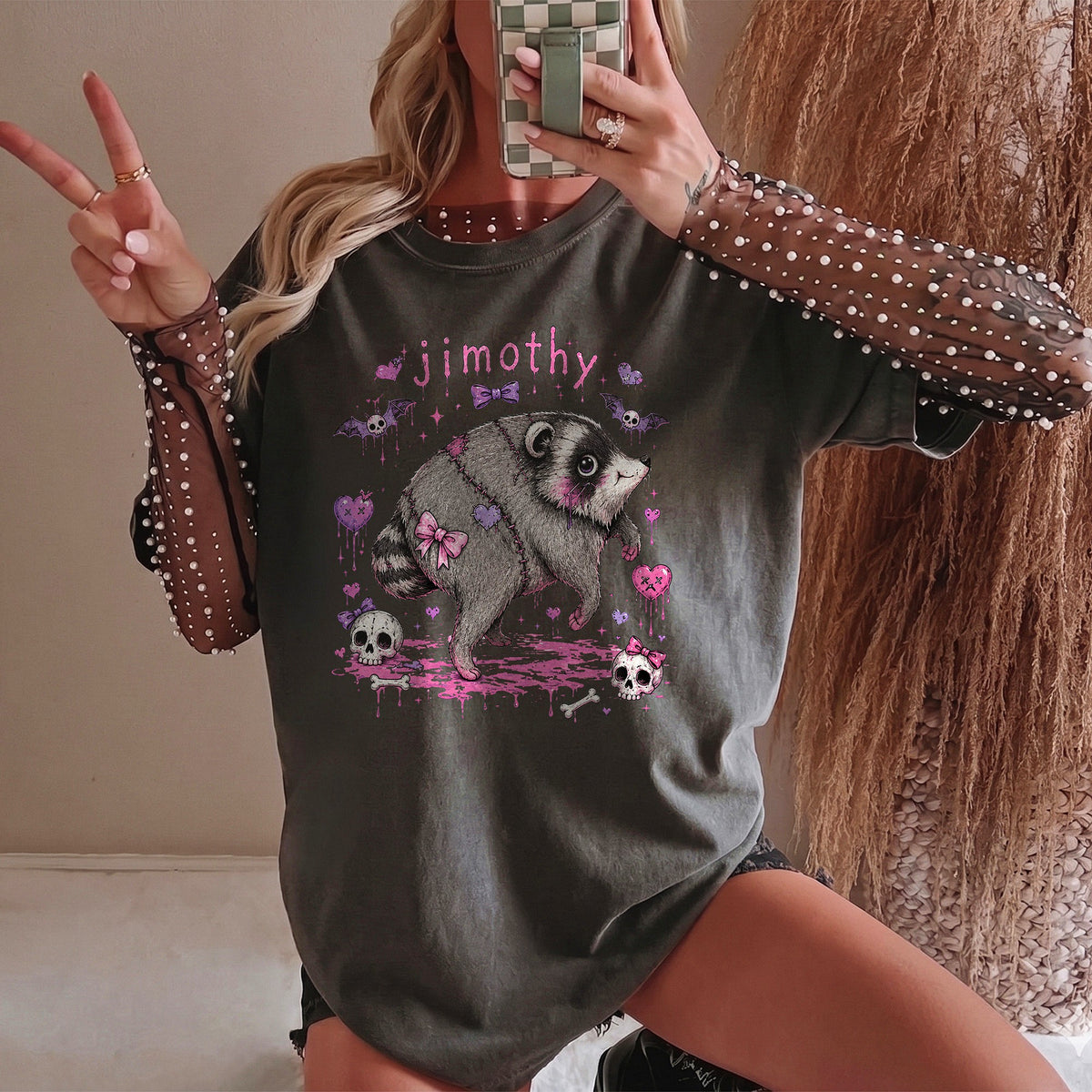 Custom Name Pastel Goth Raccoon T-Shirt Personalized Creepy Cute Animal Graphic Tee
