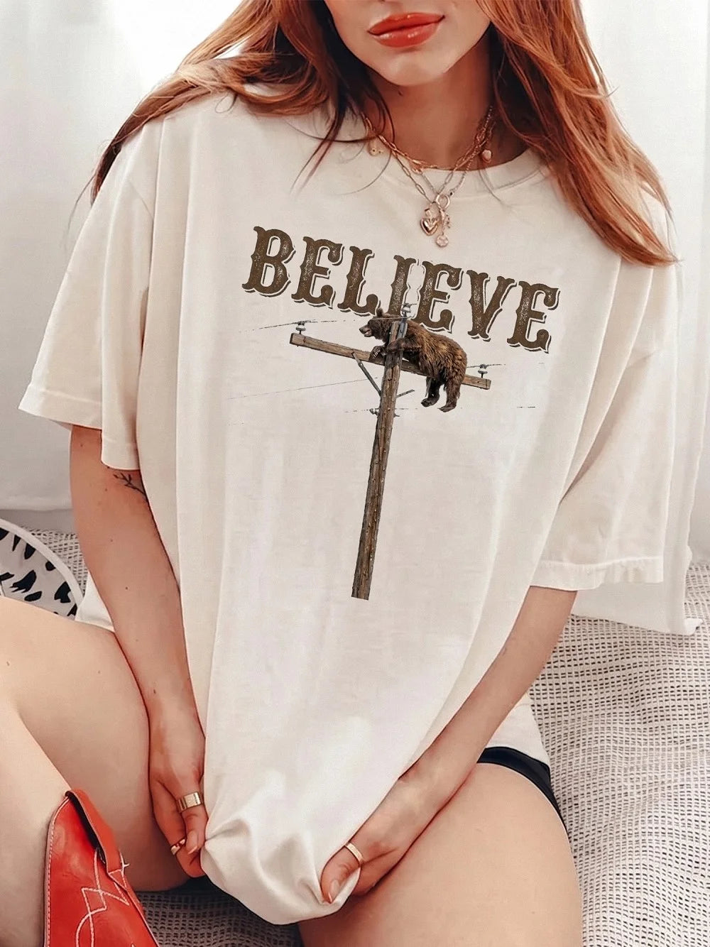 Vintage Believe Bear Utility Pole T-Shirt Funny Wildlife Graphic Tee