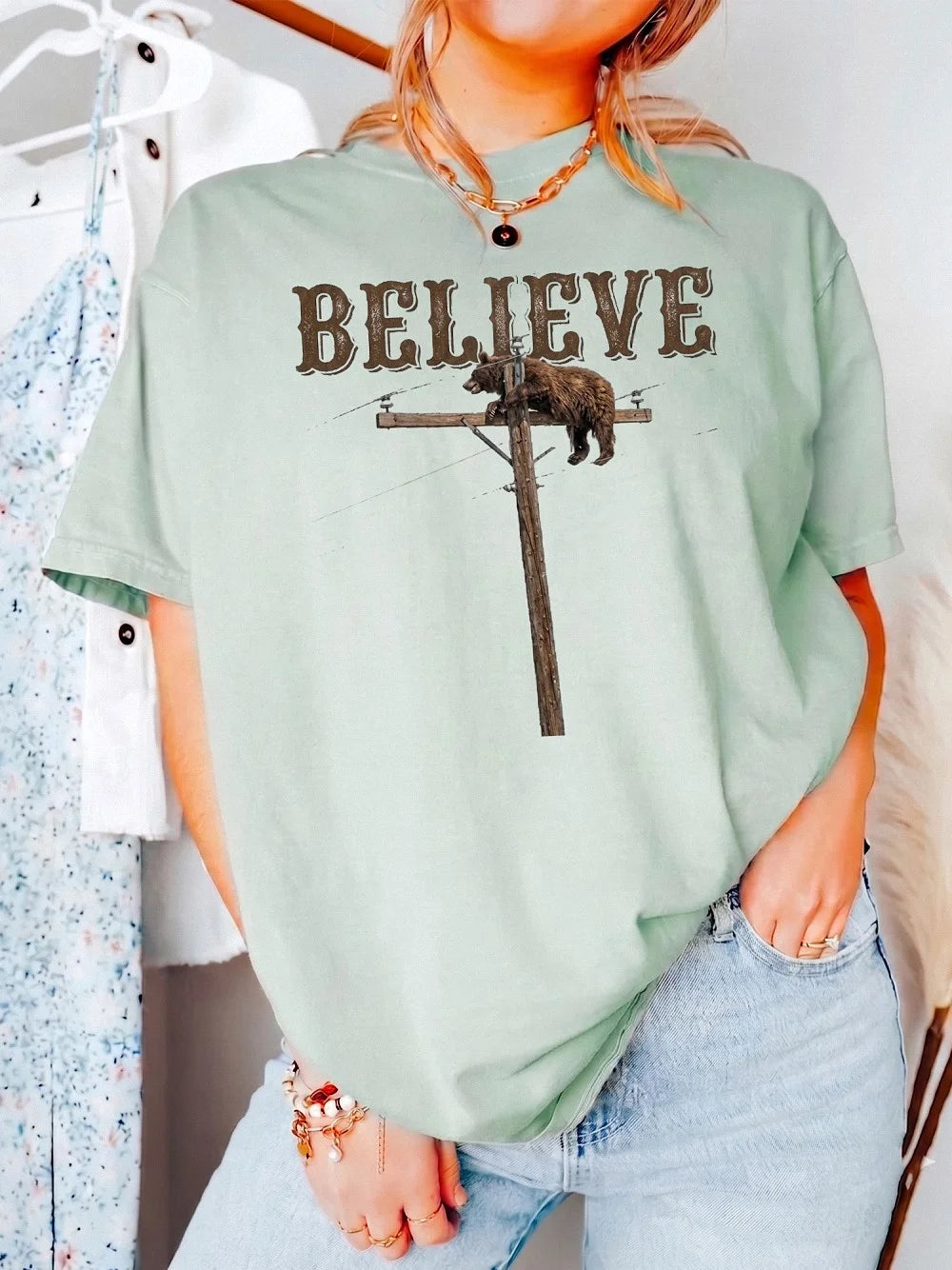 Vintage Believe Bear Utility Pole T-Shirt Funny Wildlife Graphic Tee