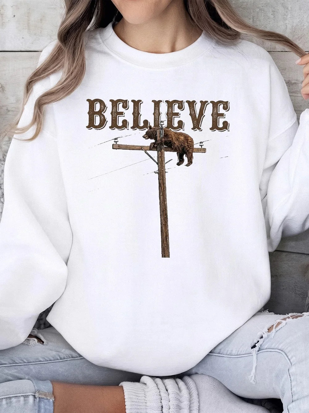 Vintage Believe Bear Utility Pole T-Shirt Funny Wildlife Graphic Tee