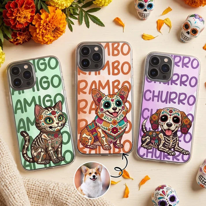 Custom Pet Portrait Sugar Skull Phone Case Personalized Day of the Dead Dog and Cat Calavera Gift