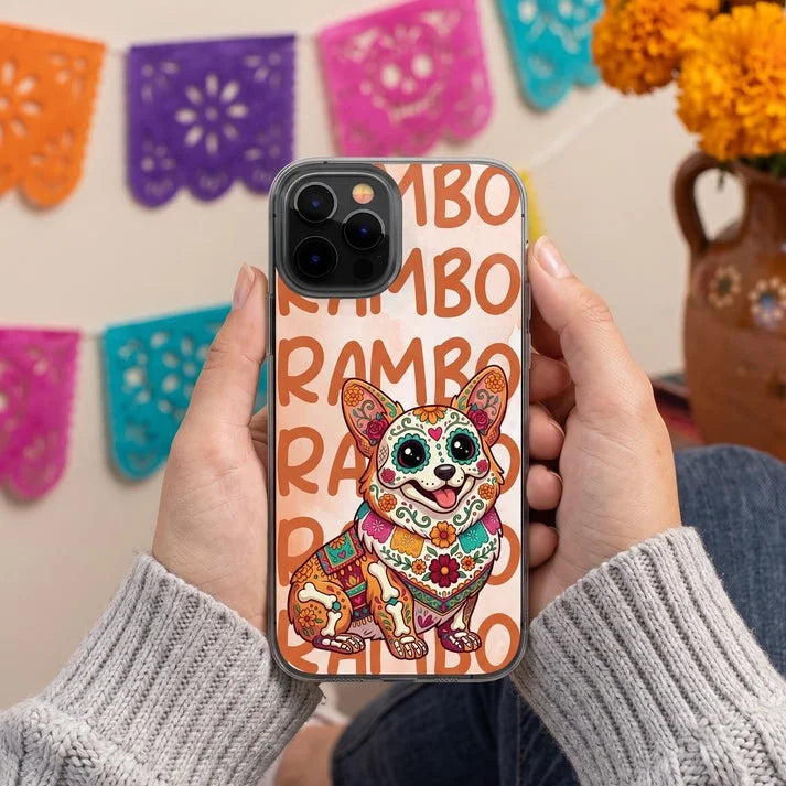Custom Pet Portrait Sugar Skull Phone Case Personalized Day of the Dead Dog and Cat Calavera Gift