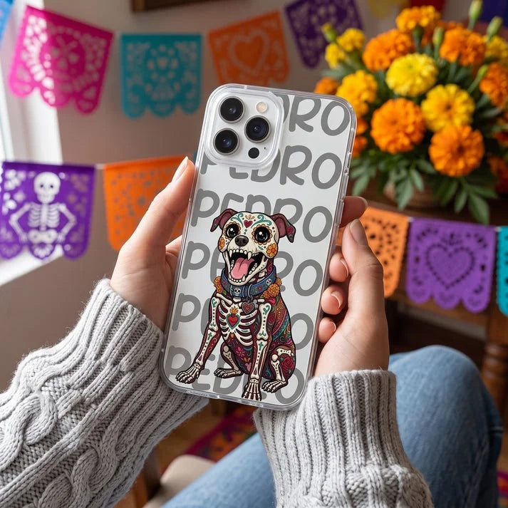 Custom Pet Portrait Sugar Skull Phone Case Personalized Day of the Dead Dog and Cat Calavera Gift