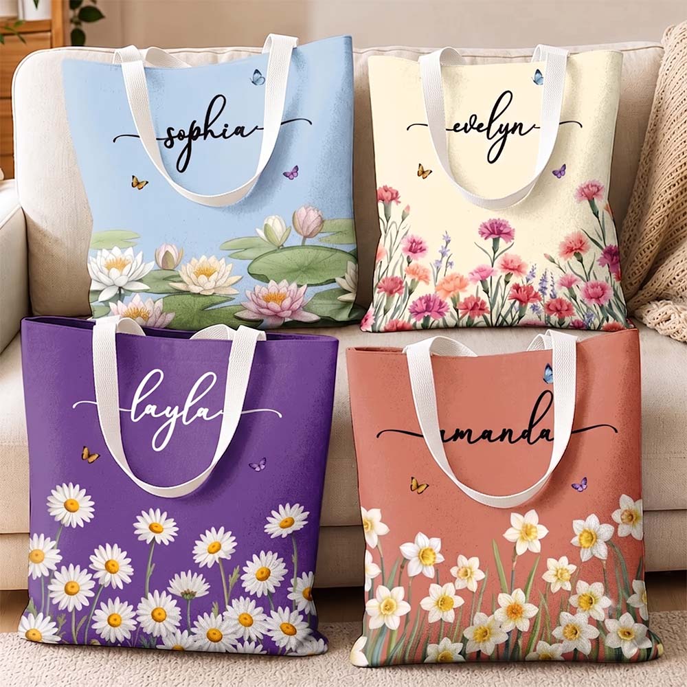 Personalized Birth Month Flower Tote Bag Custom Name Floral Canvas Gift