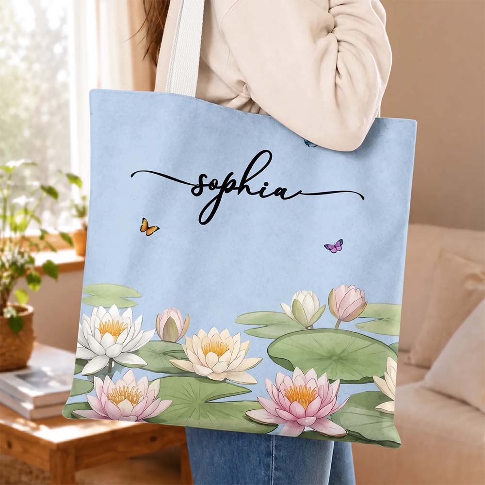Personalized Birth Month Flower Tote Bag Custom Name Floral Canvas Gift