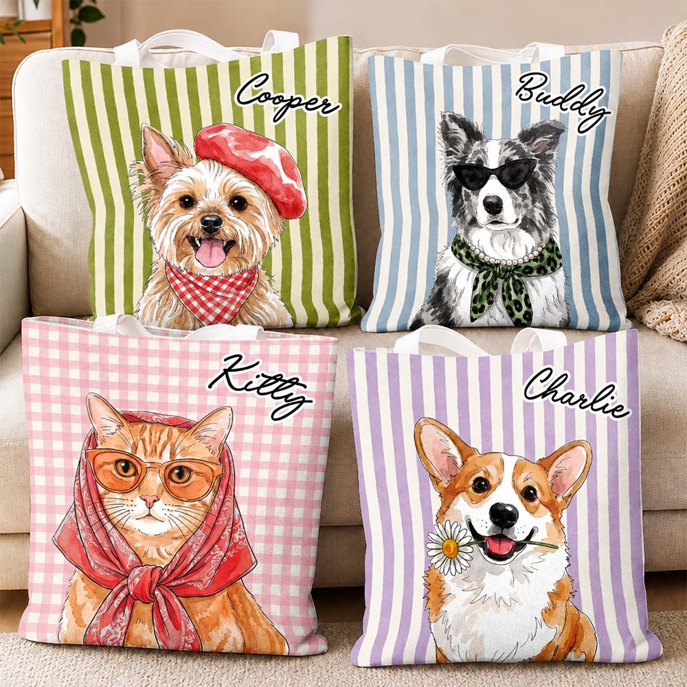 Custom Pet Portrait Tote Bag with Personalized Dog or Cat Name Gift