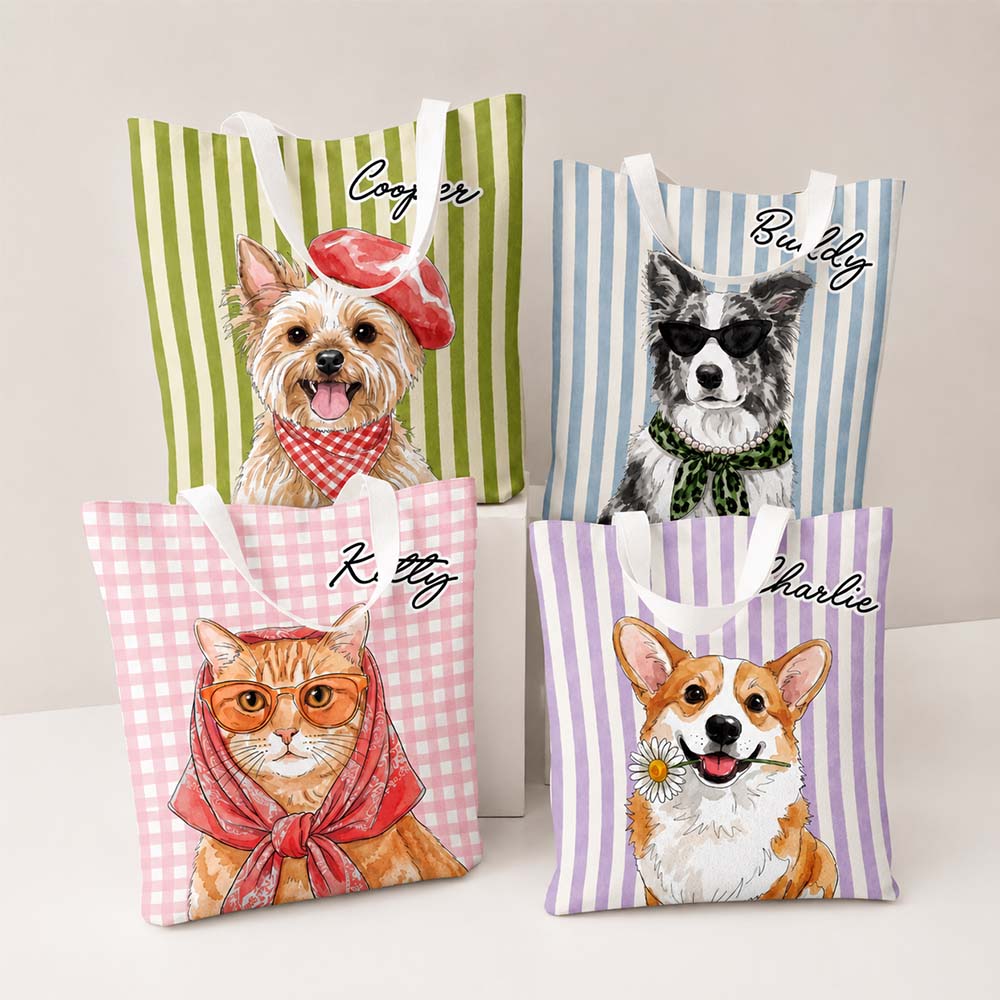 Custom Pet Portrait Tote Bag with Personalized Dog or Cat Name Gift