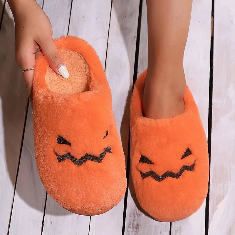Orange Jack O Lantern Fuzzy Slippers Cozy Halloween Pumpkin House Shoes