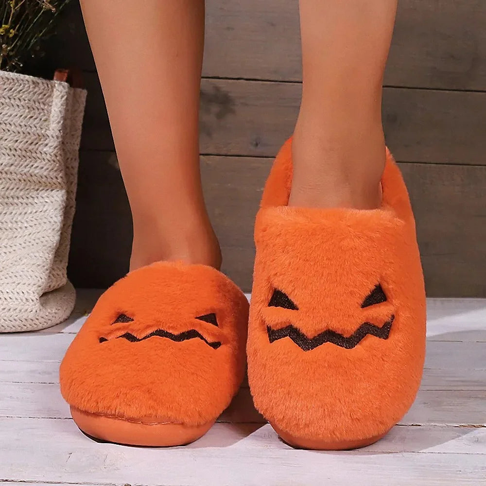 Orange Jack O Lantern Fuzzy Slippers Cozy Halloween Pumpkin House Shoes