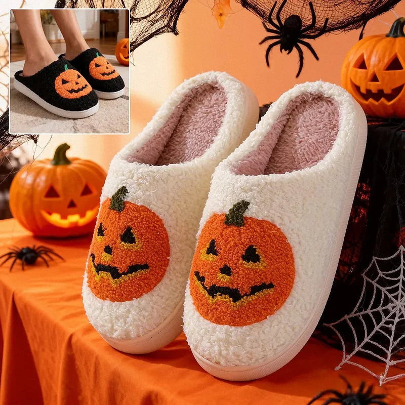 Jack O Lantern Pumpkin Fuzzy Slippers Cozy Halloween House Shoes