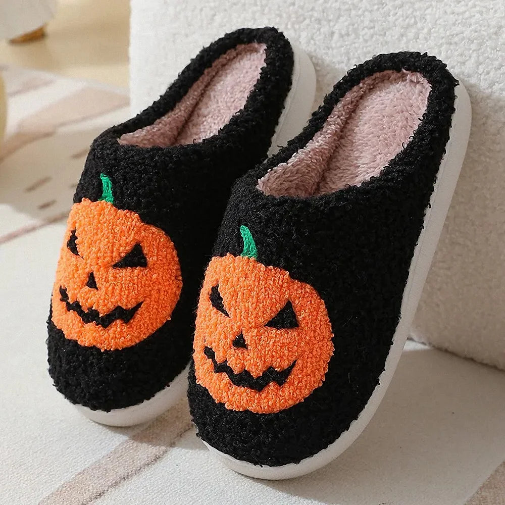 Jack O Lantern Pumpkin Fuzzy Slippers Cozy Halloween House Shoes