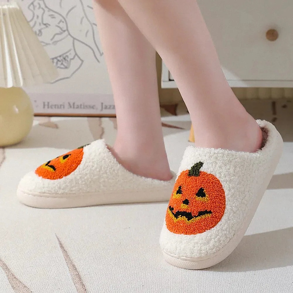 Jack O Lantern Pumpkin Fuzzy Slippers Cozy Halloween House Shoes