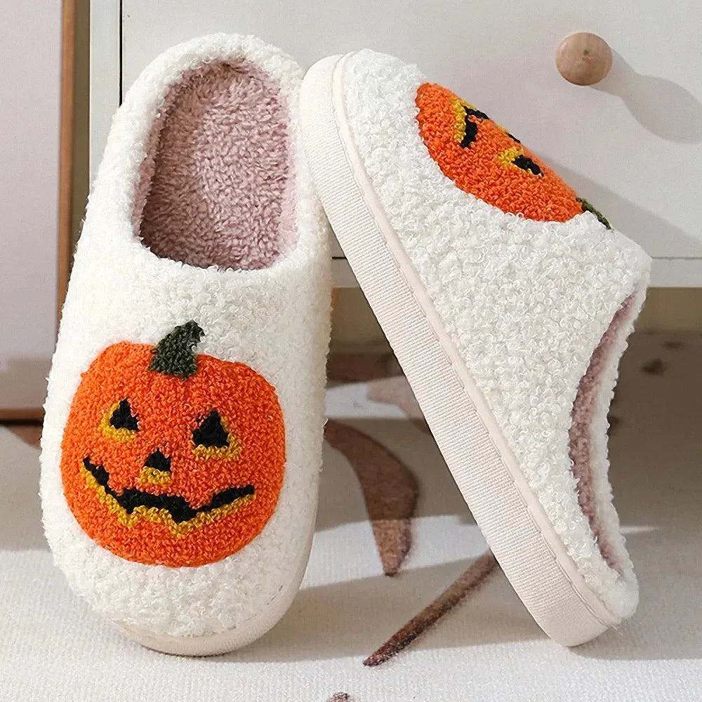 Jack O Lantern Pumpkin Fuzzy Slippers Cozy Halloween House Shoes