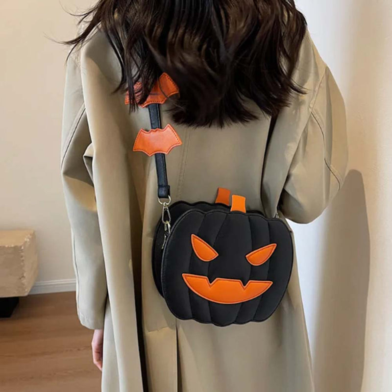 Jack O Lantern Pumpkin Crossbody Bag Cute Halloween Purse with Bat Strap Accents
