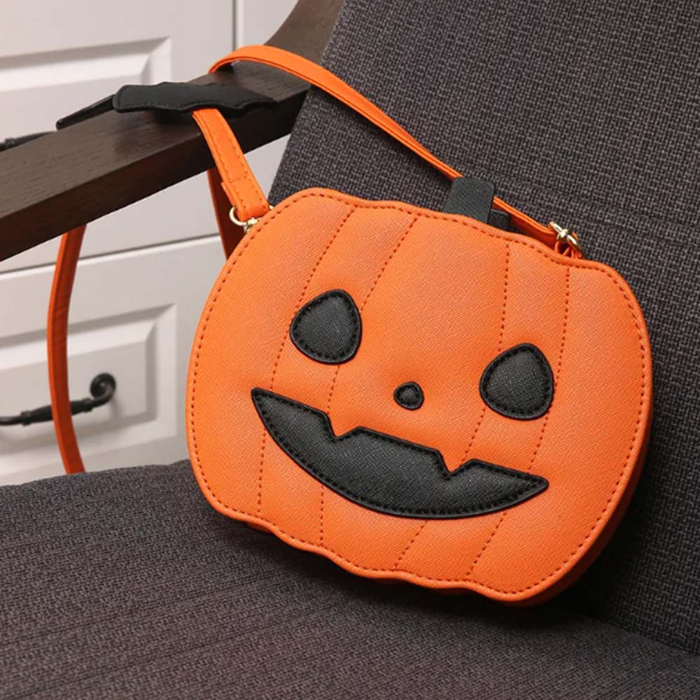 Jack O Lantern Pumpkin Crossbody Bag Cute Halloween Purse with Bat Strap Accents