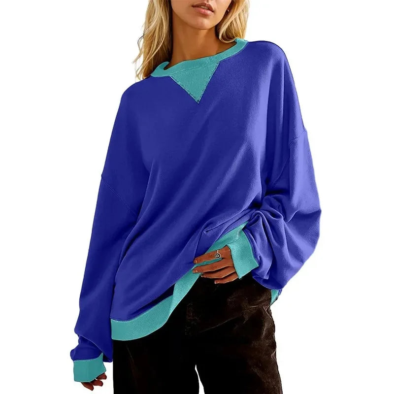 Oversized Colorblock Crewneck Sweatshirt Drop Shoulder Casual Pullover