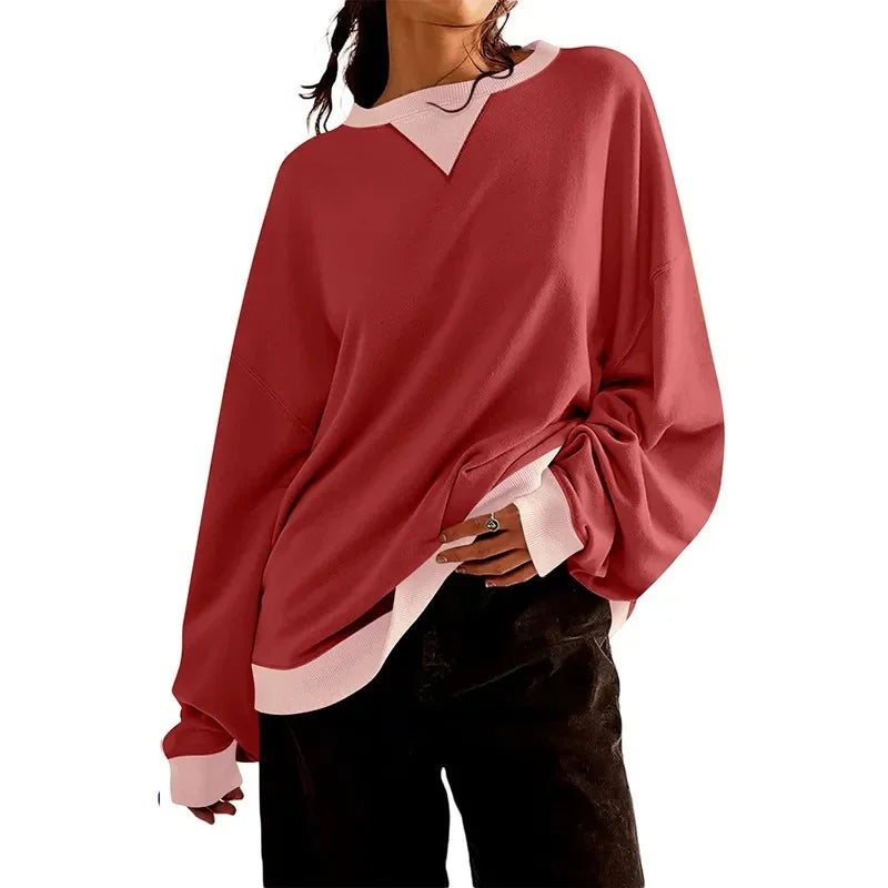Oversized Colorblock Crewneck Sweatshirt Drop Shoulder Casual Pullover