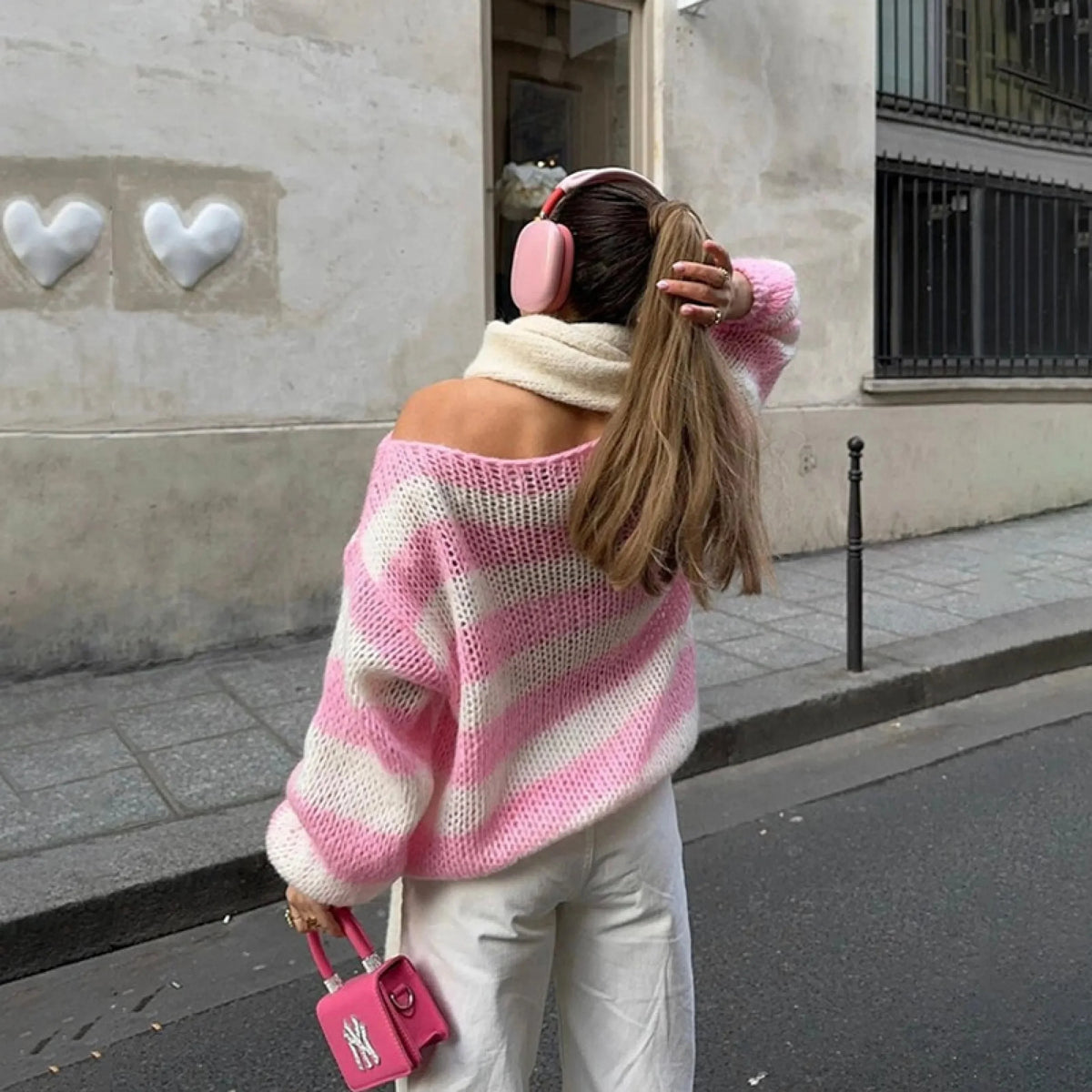 Striped Off-the-Shoulder Chunky Knit Sweater for Women Casual Fall Fashion