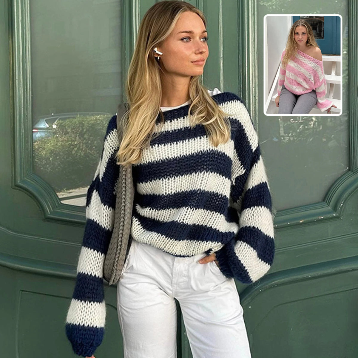 Striped Off-the-Shoulder Chunky Knit Sweater for Women Casual Fall Fashion