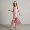 Blush Pink Wedding Guest Maxi Dress with Cowl Neck and Front Slit