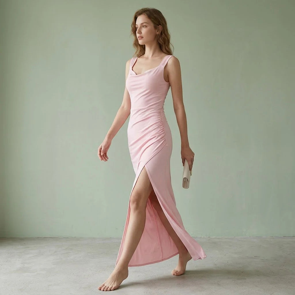 Blush Pink Wedding Guest Maxi Dress with Cowl Neck and Front Slit
