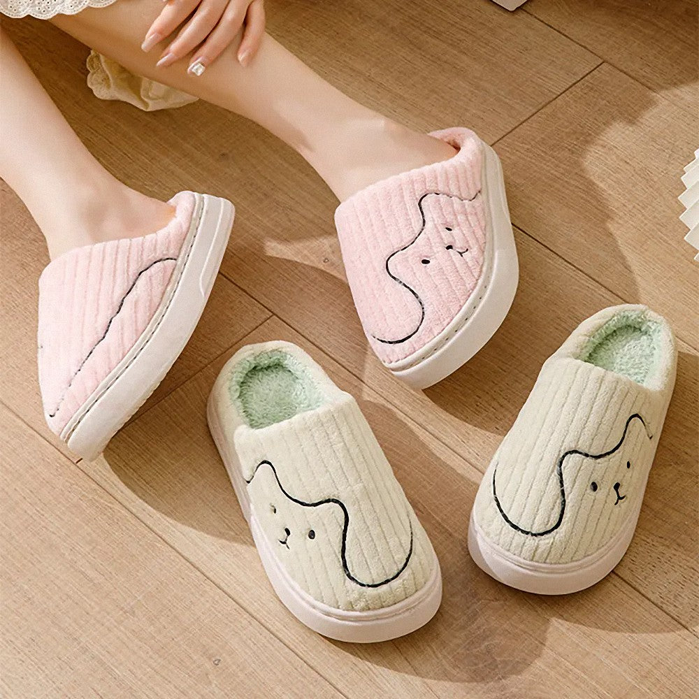 Cute Dog Face Plush House Slippers Kawaii Animal Indoor Footwear