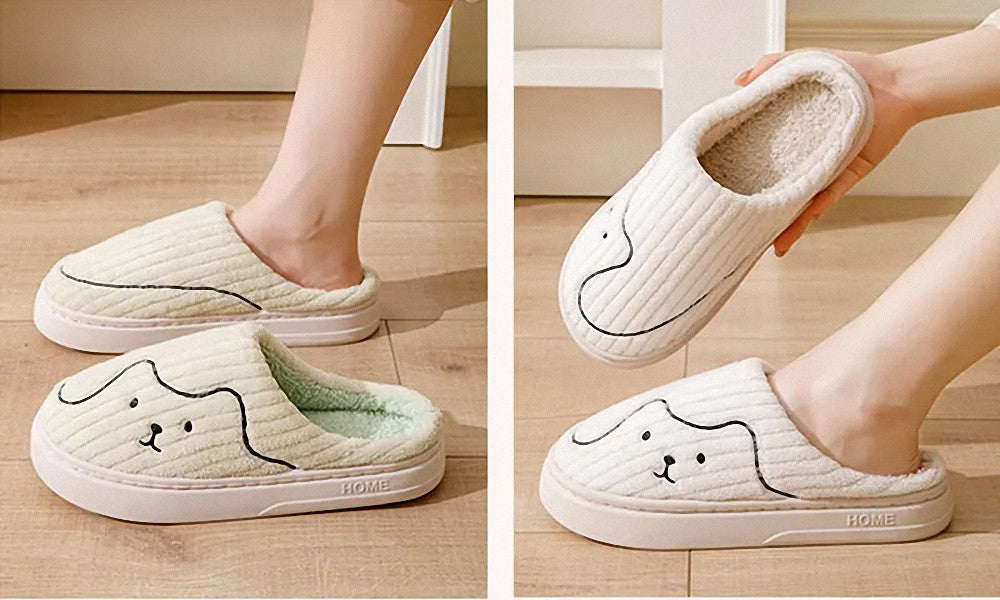 Cute Dog Face Plush House Slippers Kawaii Animal Indoor Footwear