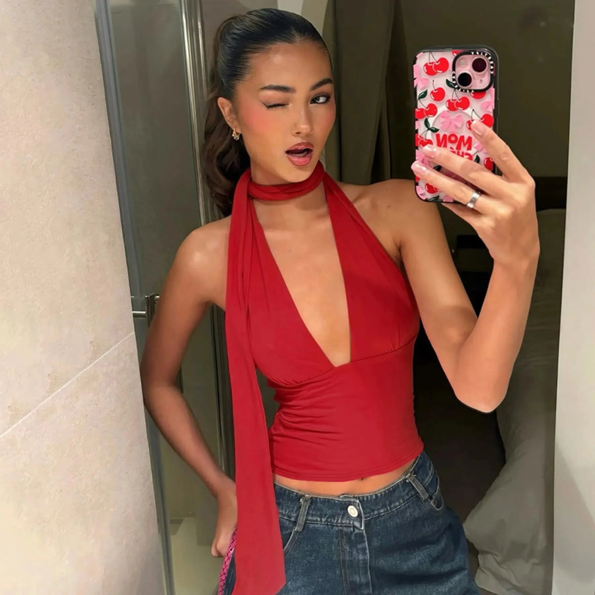 Y2K Tie-Front Deep V-Neck Halter Top for Women Summer Going Out