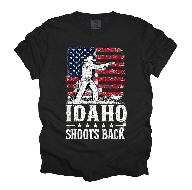 Idaho Shoots Back Patriotic Cowboy T-Shirt Pro Gun 2nd Amendment Apparel
