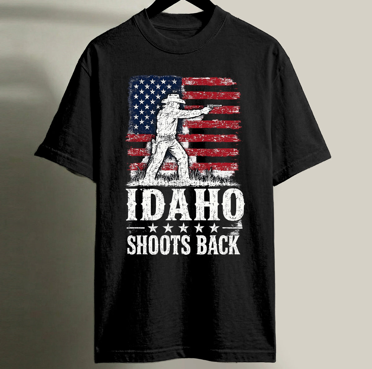 Idaho Shoots Back Patriotic Cowboy T-Shirt Pro Gun 2nd Amendment Apparel