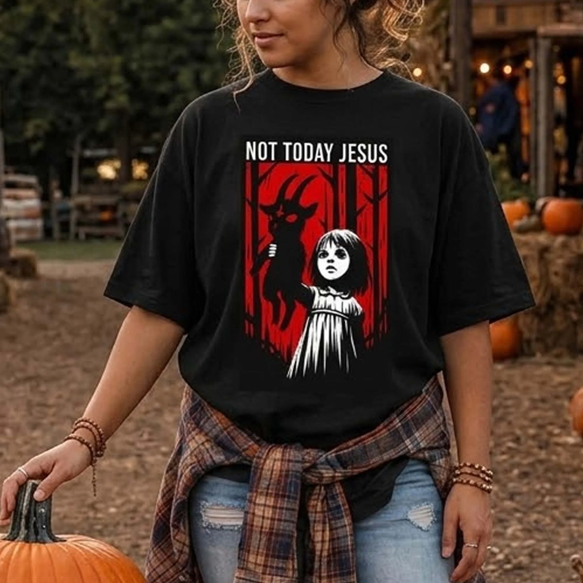 Not Today Jesus Creepy Girl Gothic Horror T-Shirt