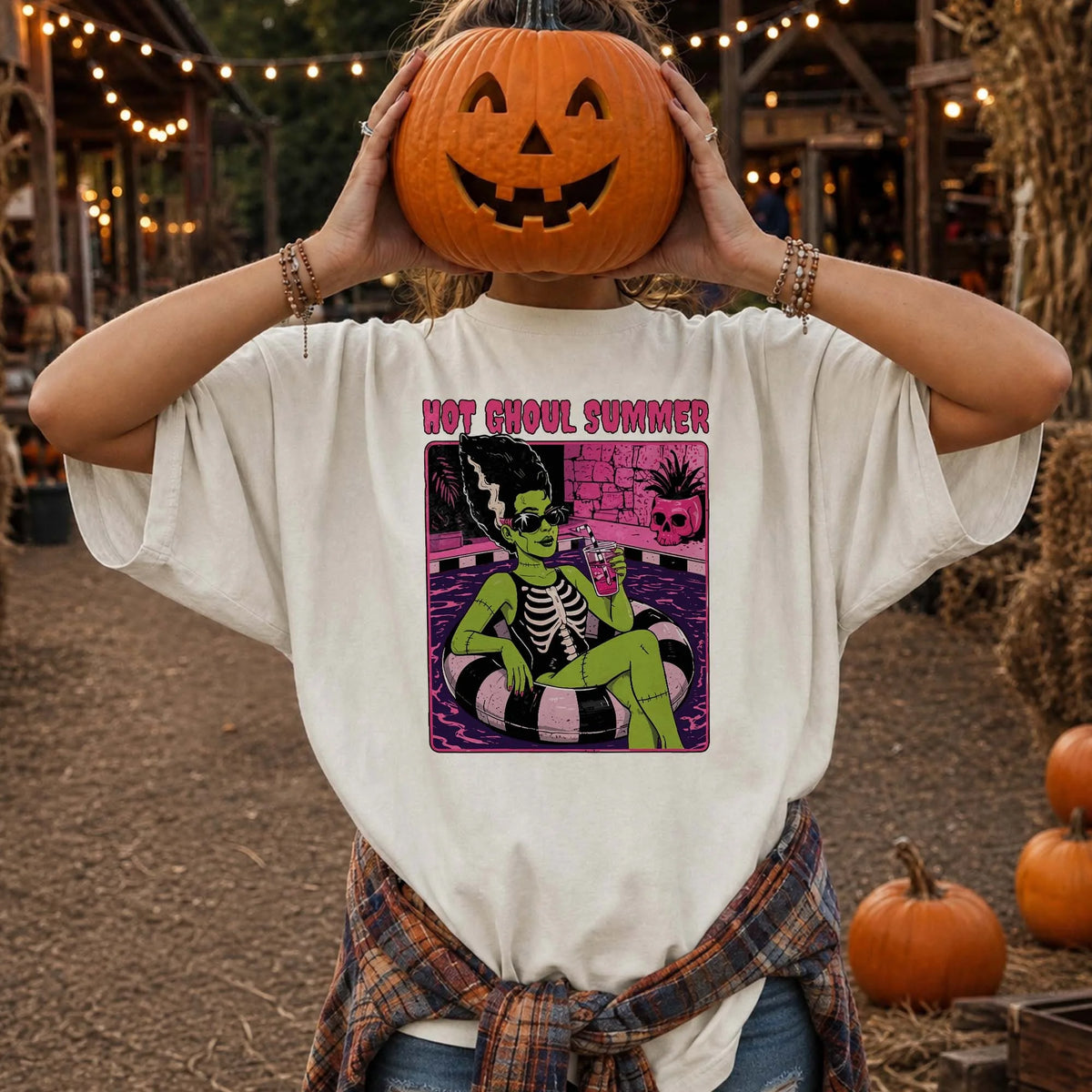 Hot Ghoul Summer Retro Graphic Tee Spooky Summerween Pool Party Shirt for Women
