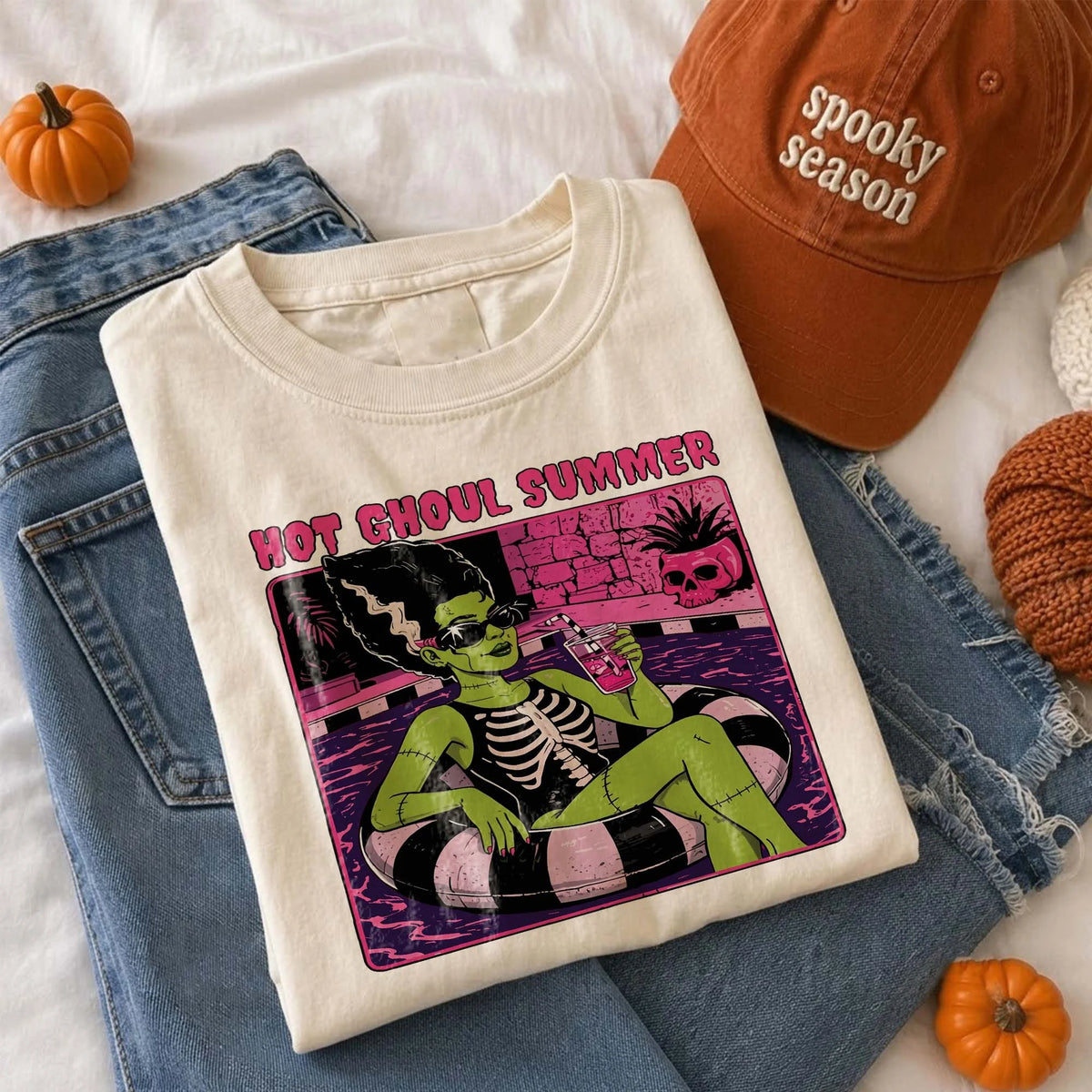 Hot Ghoul Summer Retro Graphic Tee Spooky Summerween Pool Party Shirt for Women