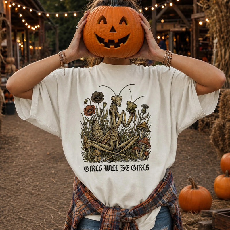Girls Will Be Girls Praying Mantis T-Shirt Dark Humor Botanical Graphic Tee for Women