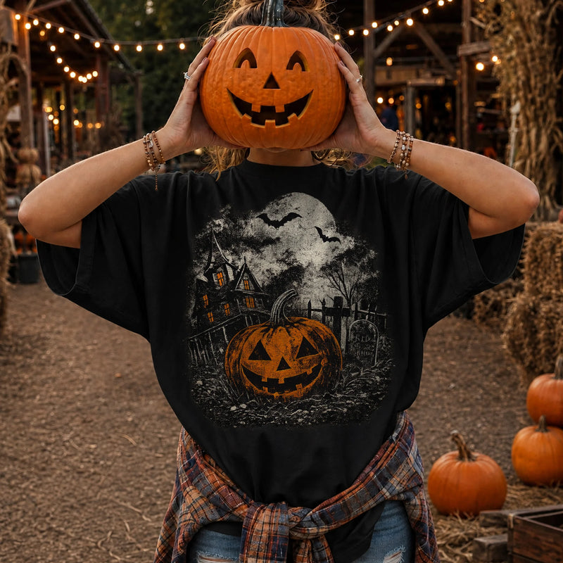 Vintage Haunted House Jack-O-Lantern Halloween T-Shirt Spooky Season Graphic