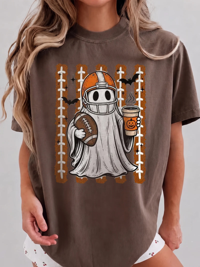 Halloween Football Ghost T-Shirt Pumpkin Coffee Fall Game Day Tee