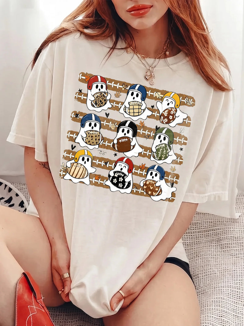 Ghost Football Spooky Season Graphic T-Shirt for Women