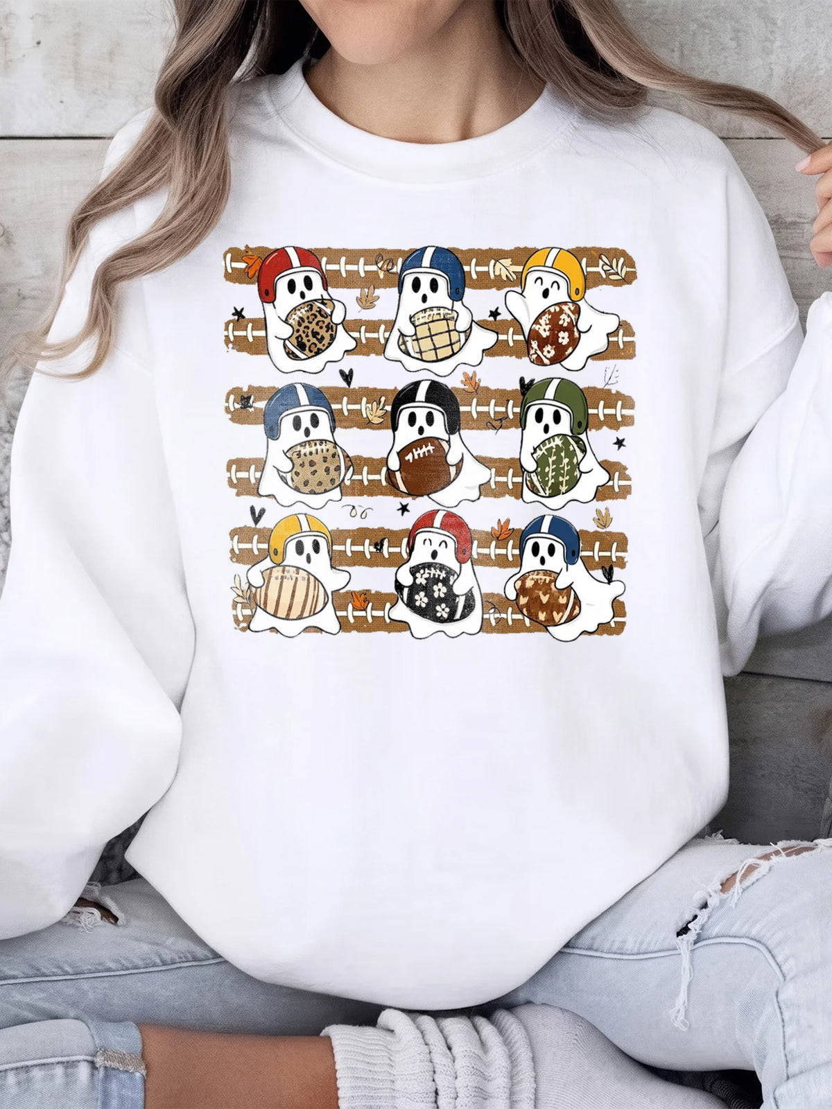 Ghost Football Spooky Season Graphic T-Shirt for Women