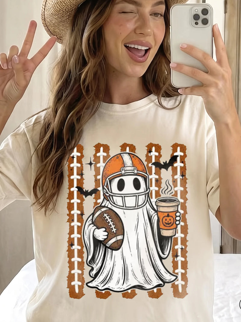 Football Ghost Halloween Coffee Game Day Graphic T-Shirt