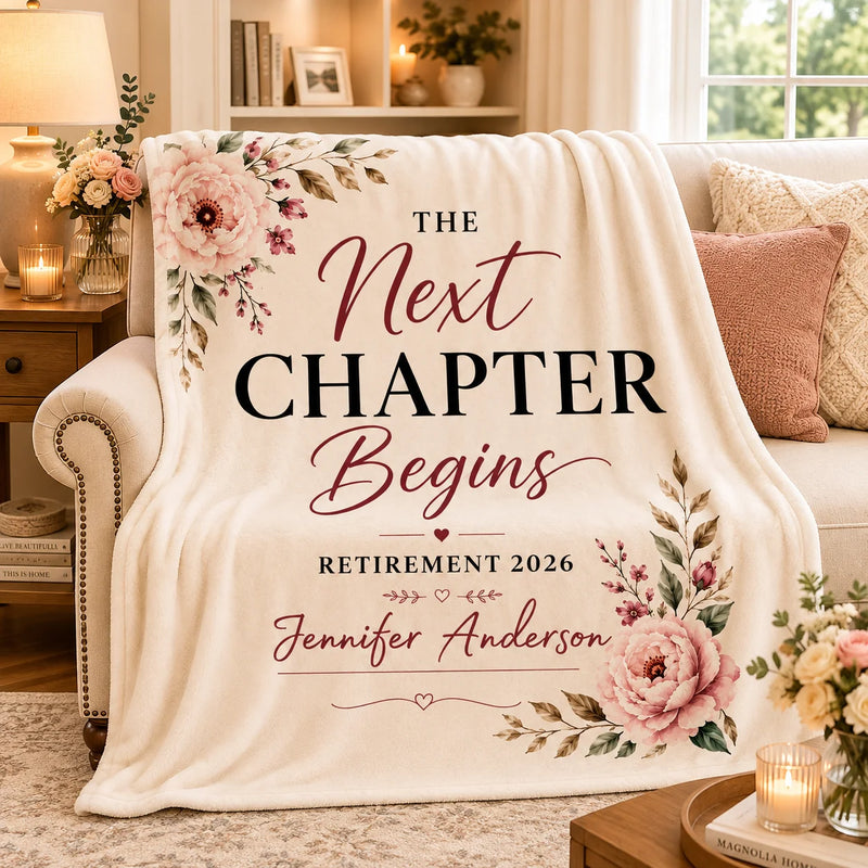 [Made-to-Order] Personalized Retirement Next Chapter Begins Floral Fleece Blanket Gift