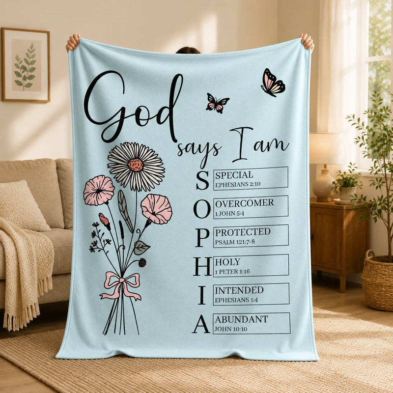 [Made-to-Order] Personalized God Says I Am Christian Fleece Blanket Custom Name Birth Flower Bible Verse Gift