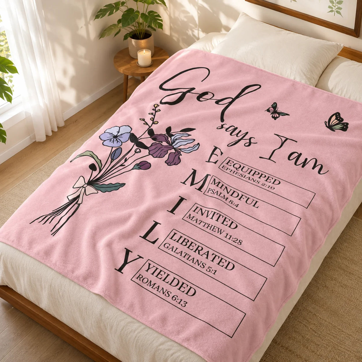 [Made-to-Order] Personalized God Says I Am Christian Fleece Blanket Custom Name Birth Flower Bible Verse Gift