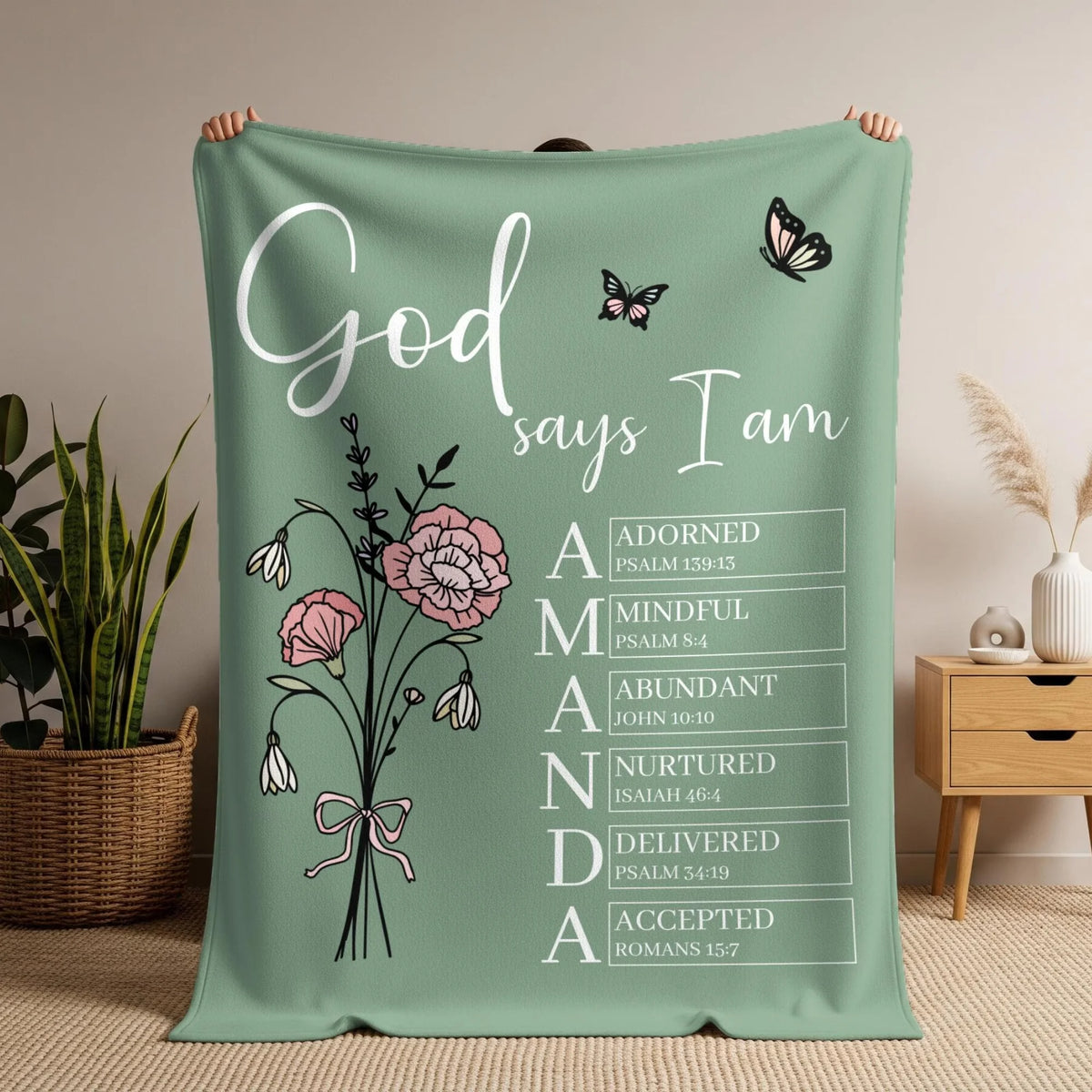 [Made-to-Order] Personalized God Says I Am Christian Fleece Blanket Custom Name Birth Flower Bible Verse Gift